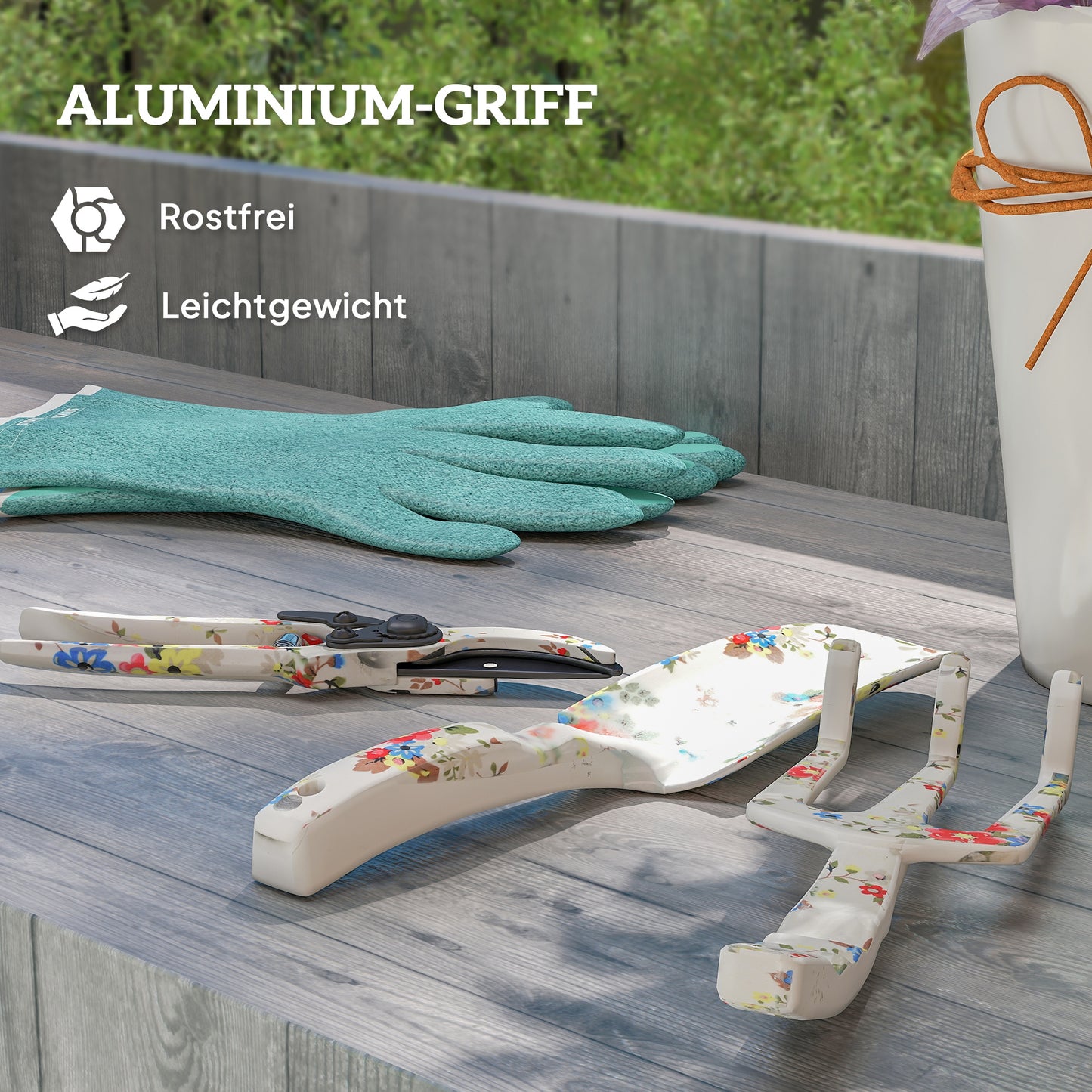 Outsunny Gartenwerkzeug Set 3 Stück Garten Werkzeug aus Metall mit Blumenkelle Handrechen Gartenschere