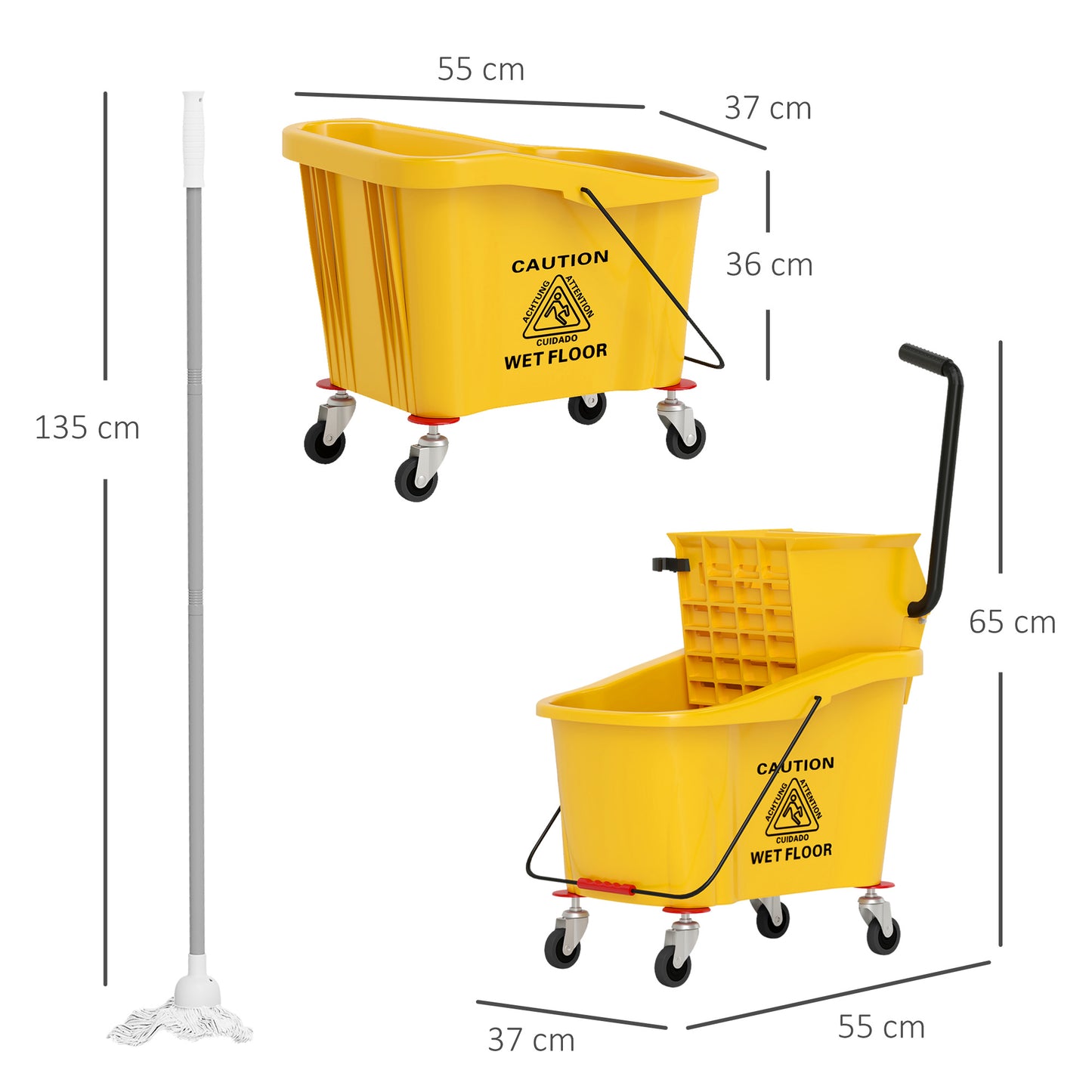 HOMCOM Wischeimer auf Rädern mit Mopp-Auswringer, Mopp-Halter, 36 Liter, Kunststoff, Gelb