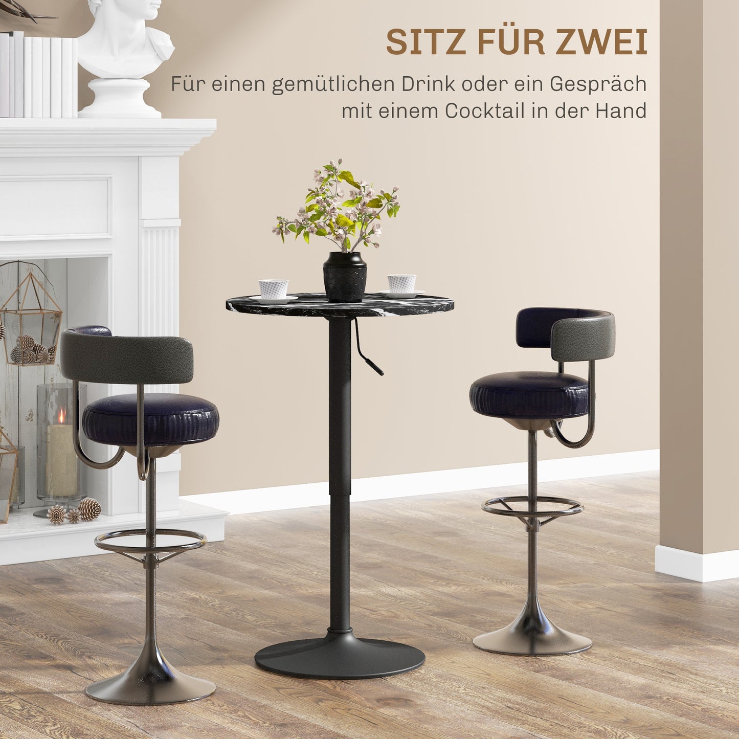 HOMCOM Bartisch für 2 Personen، höhenverstellbar، Marmoroptik، 60 x 60 x 68-93,5 سم، أسود