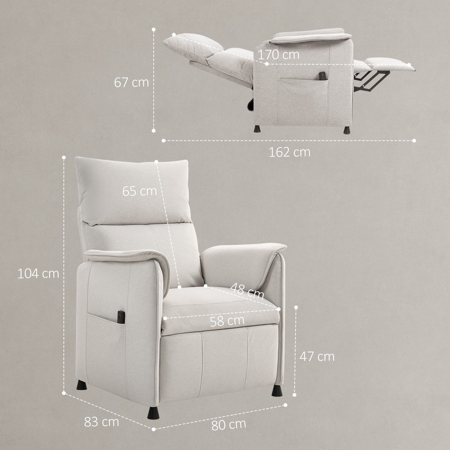 HOMCOM Relaxsessel mit leisem Motor, Polstersessel mit robusten Stoffbezug, Memory-Funktion, anpassbare Fußstütze, Cremeweiß