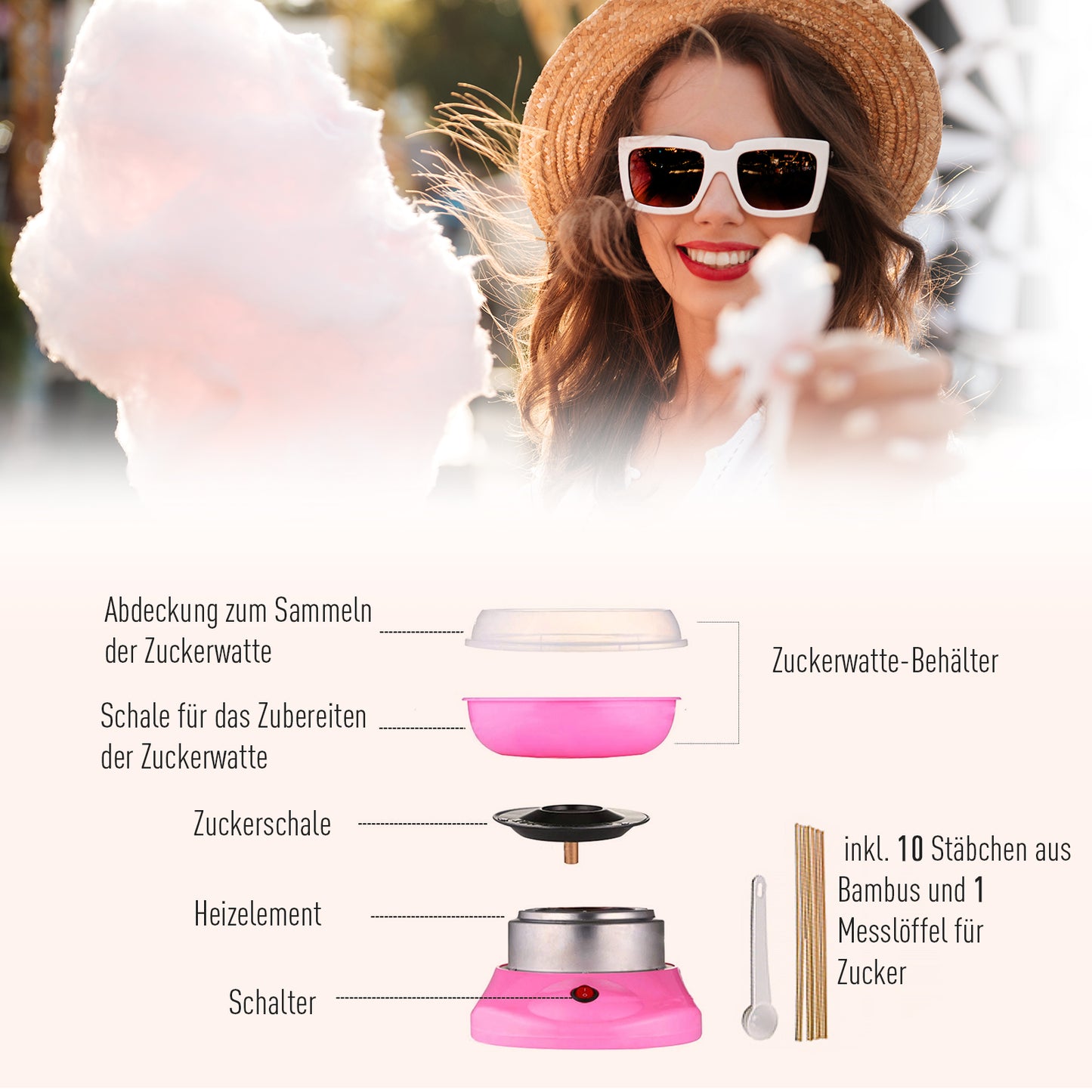 HOMCOM Zuckerwattemaschine für Zuhause ماكينة حلوى القطن Zuckerwatte Maschine mit Stäbchen und Messlöffel Höhe 18 سم 550 وات لـ Kinderfest، Geburtstag، Party Rosa