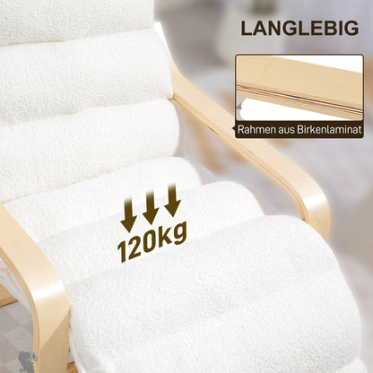 HOMCOM Lounge-Sessel aus Birkenholz، Polstersessel، verstellbare Fußstütze، Weiß