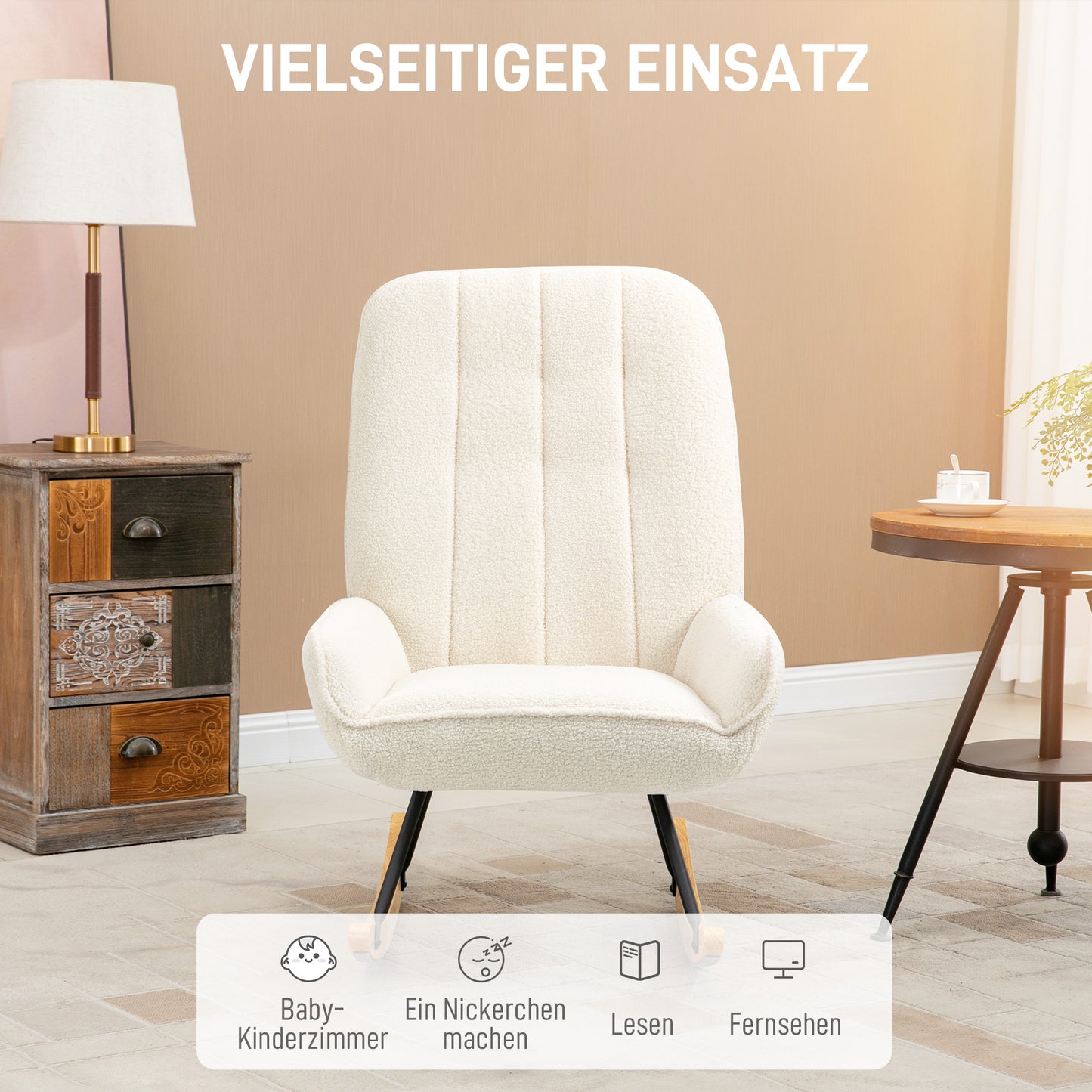 HOMCOM Schaukelstuhl mit Sherpa-Vlies 63 cm x 95cm x 97 cm Natur+ Creme