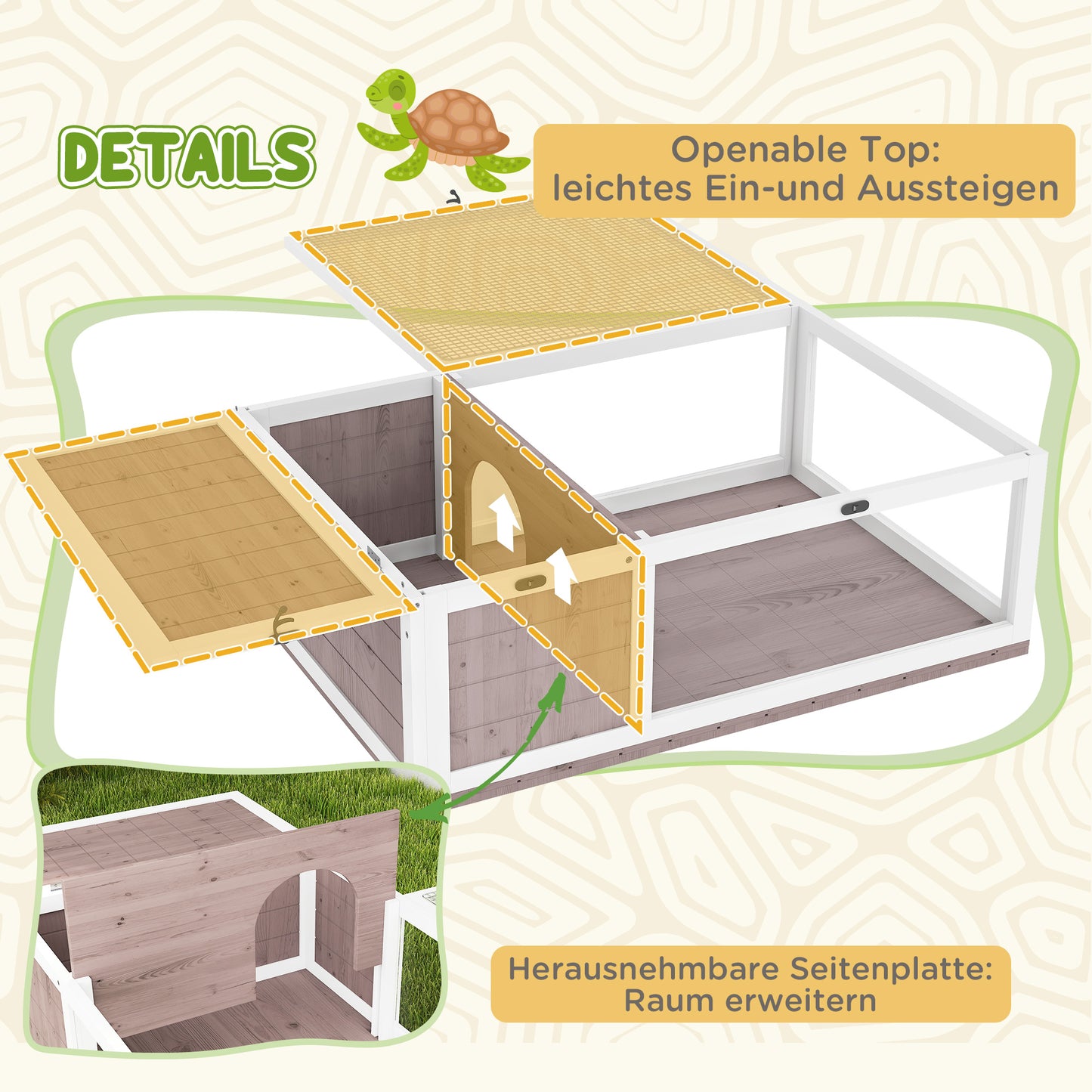PawHut Schildkrötenhaus aus Holz Schildkrötengehege mit Haupthäusern aufklappbarem Oberseite 91x60,5x32 cm, Braun