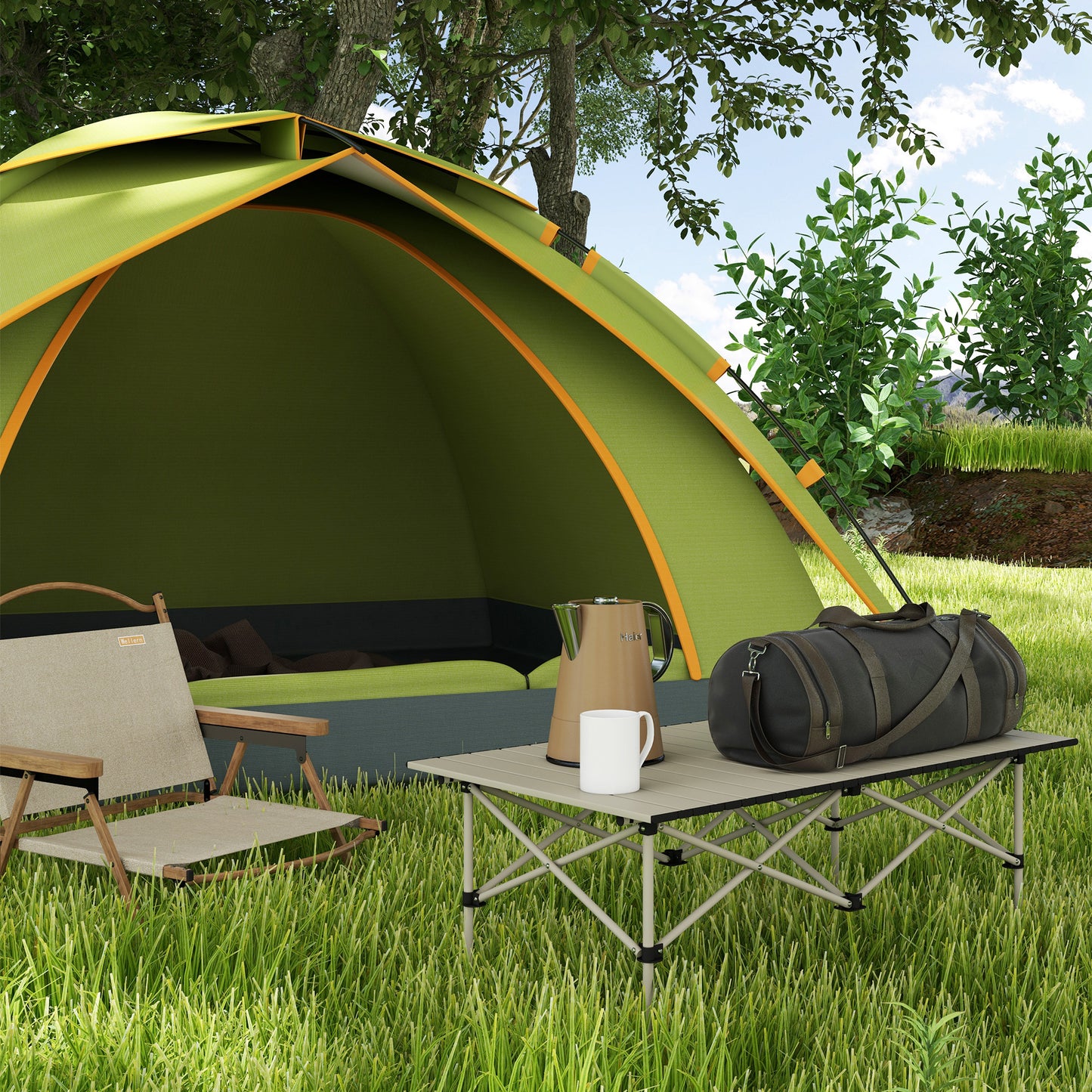 Outsunny Campingtisch Klapptisch mit Aufrollbare Tischplatte Gartentisch aus Aluminium 2 Personen 95 x 55cm Khaki