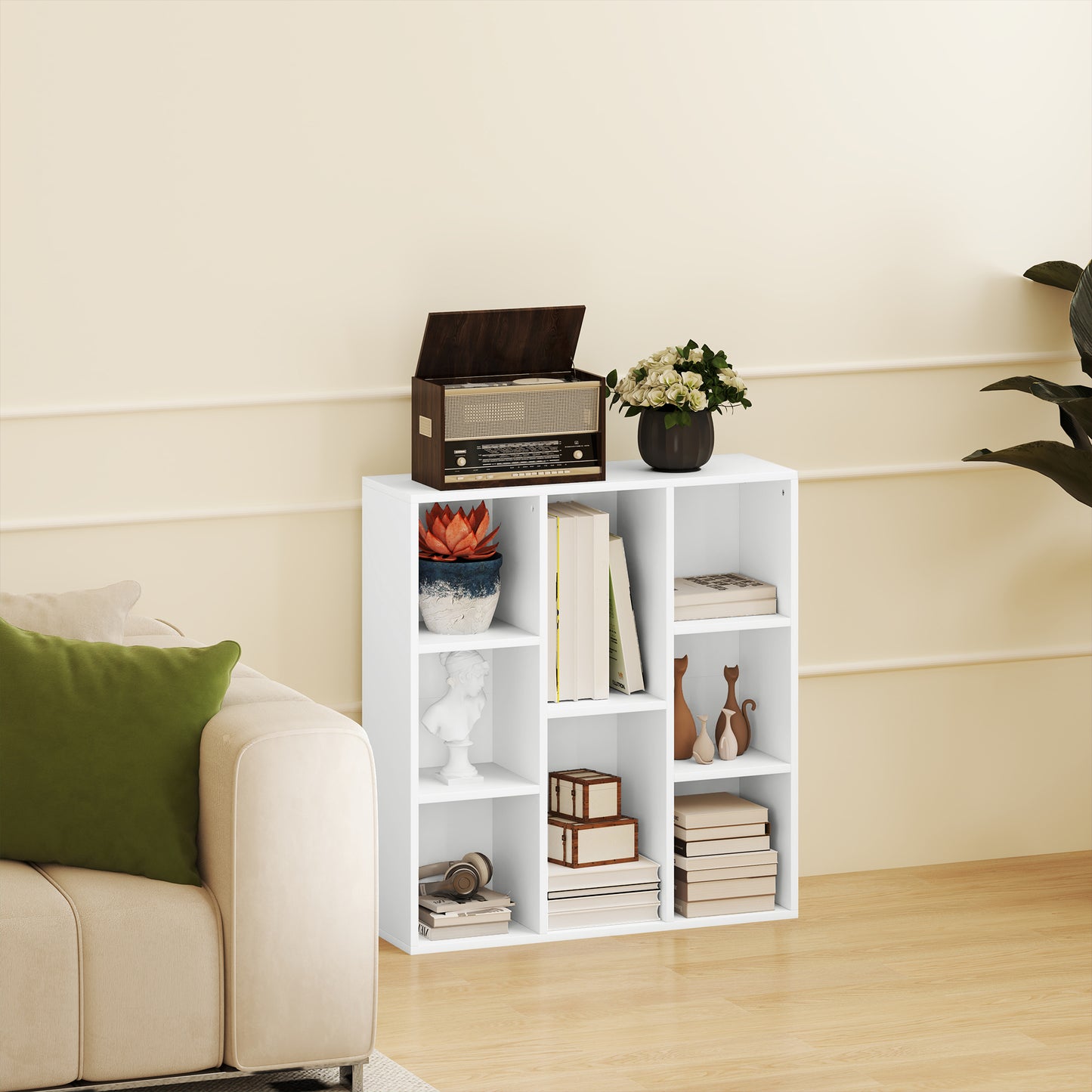 HOMCOM 3-Ebenen-Bücherregal, 8 Fächer, Spanplatte, Aufbewahrungsregal, Weiß