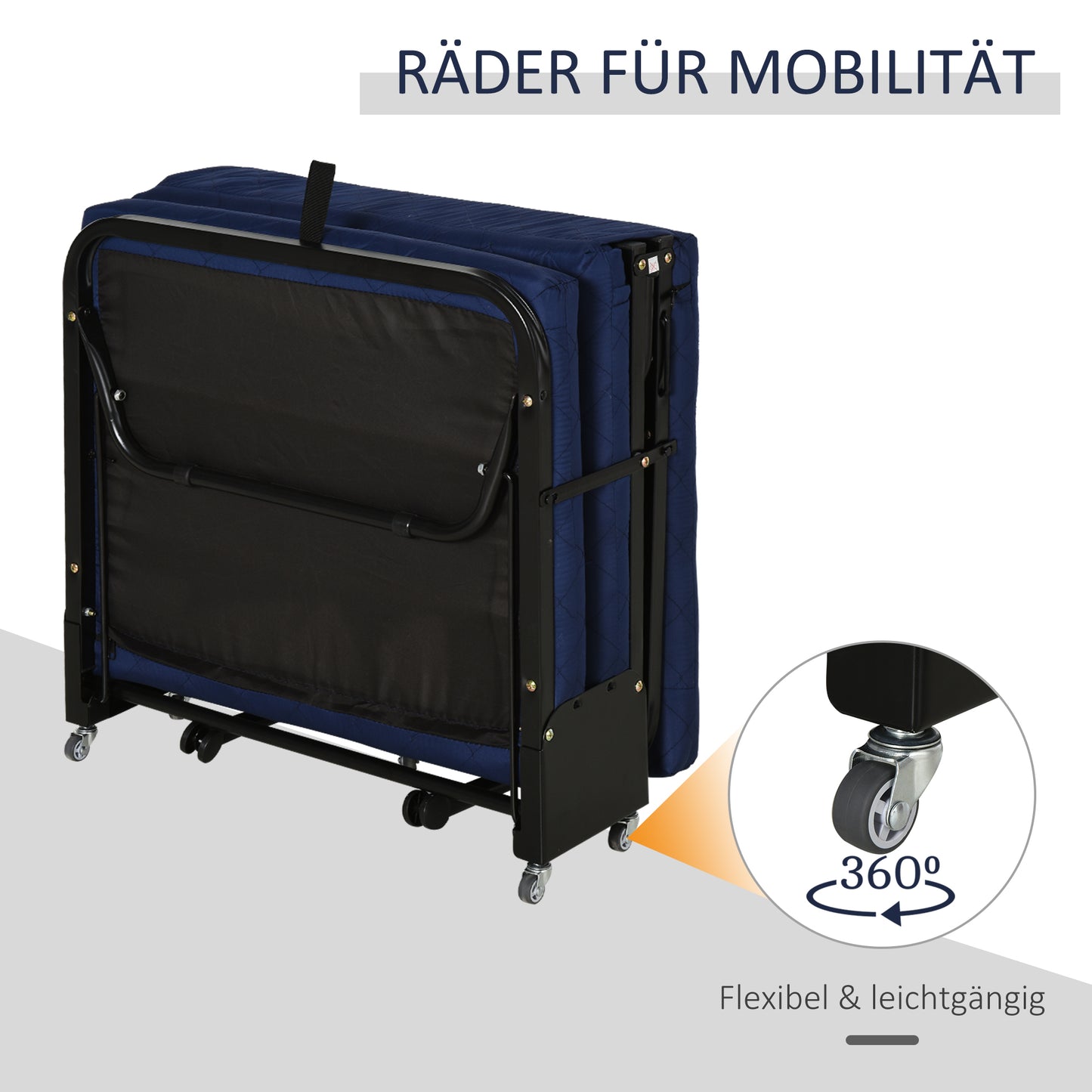 HOMCOM Klappbett 65x184 cm, Erwachsene Gästebett Klappbar mit 6 cm Dicker Schaumstoff, Reisebett mit Metallrahmen, Feldbett mit Rollen und höhenverstellbarem Kopfteil, bis 120 kg belastbar, Blau