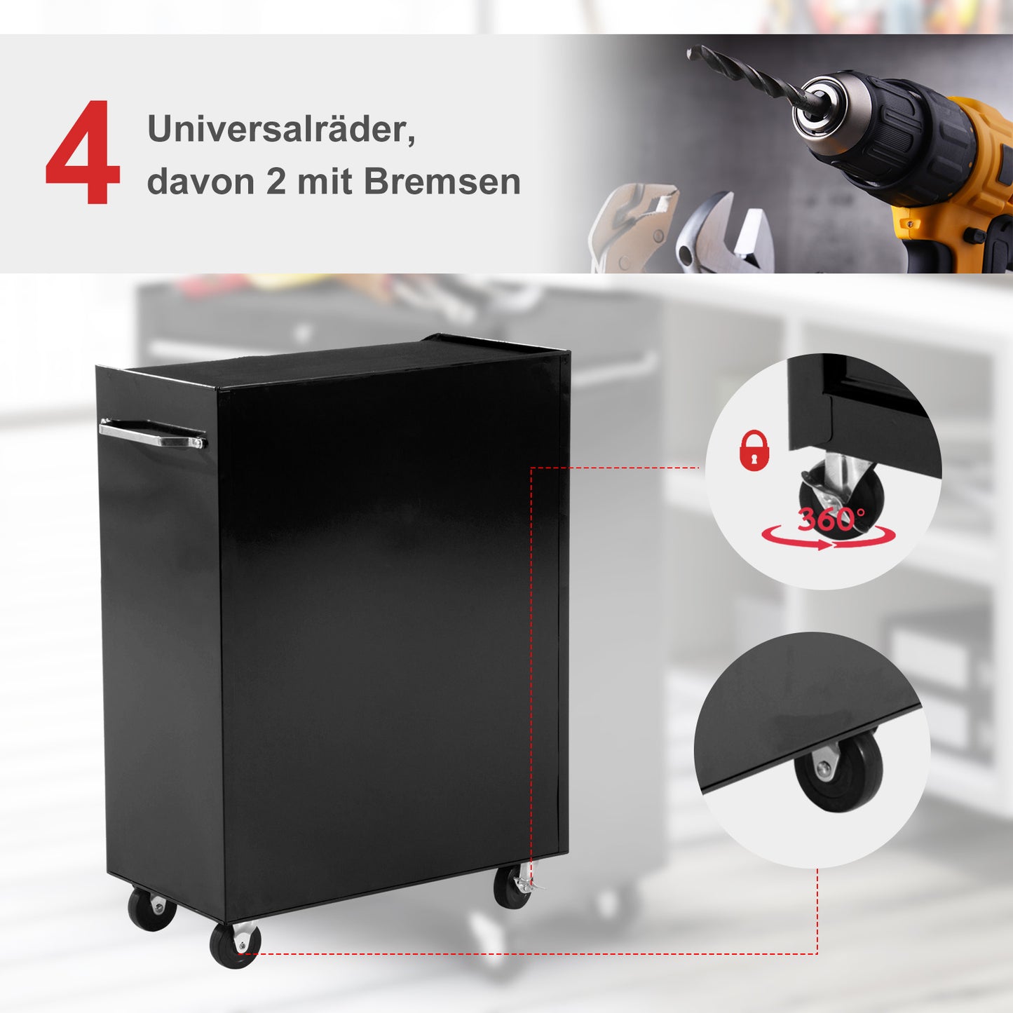 HOMCOM Werkzeugschrank, Werkzeugkiste, 5 Schubladen, rollbar, Stahl, Schwarz