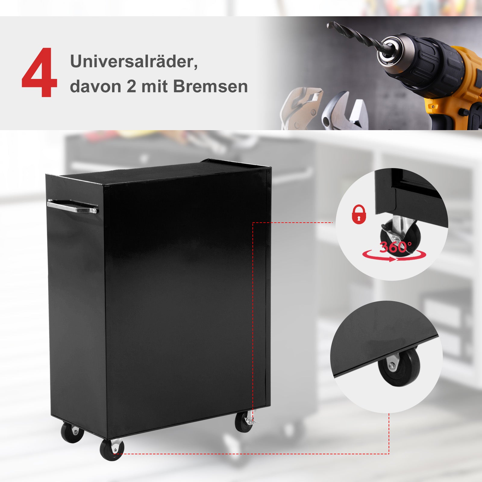 HOMCOM Werkzeugschrank, Werkzeugkiste, 5 Schubladen, rollbar, Stahl, Schwarz