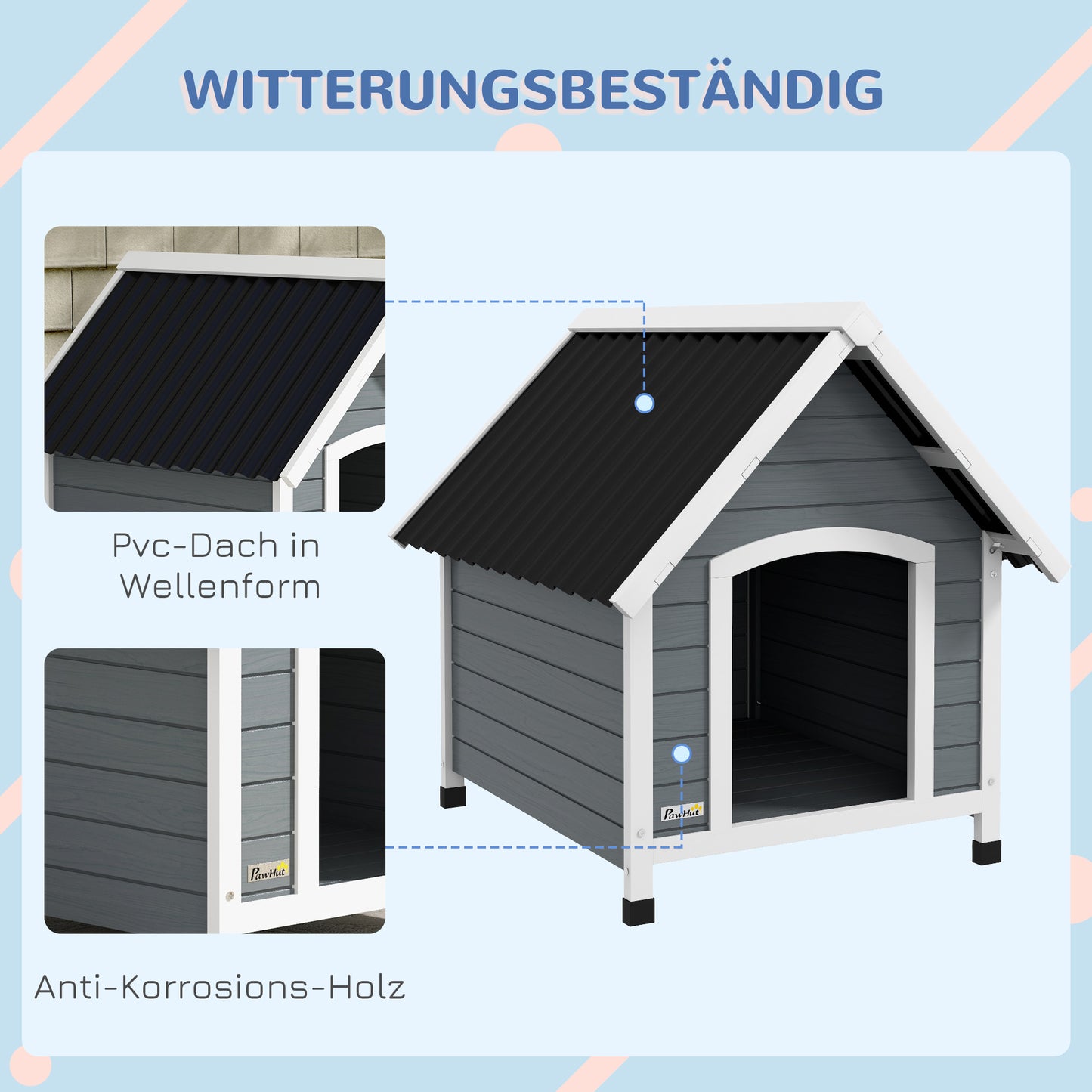 PawHut Hundehütte, wetterfest, herausnehmbarer Boden, Tannenholz, 75x88x82 cm, Grau/Schwarz