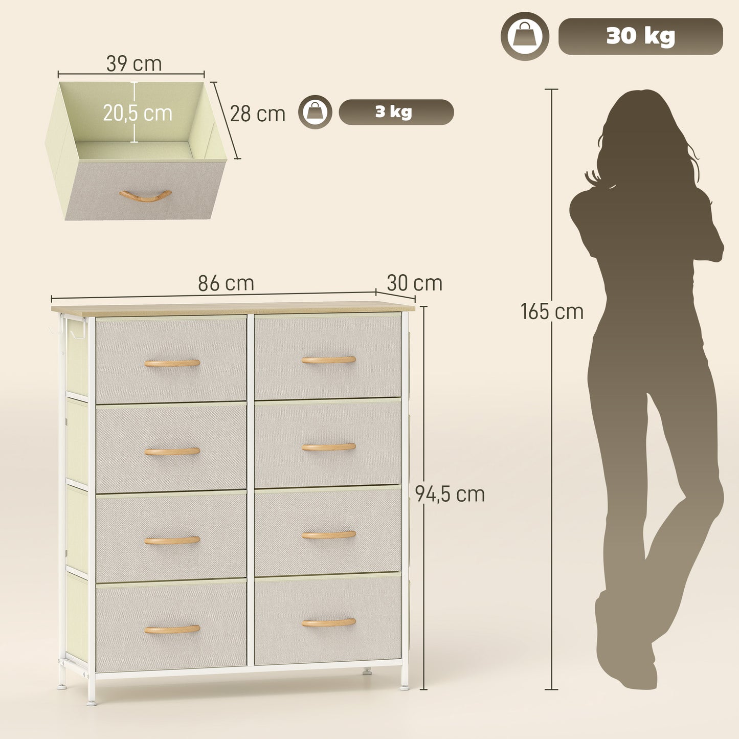 HOMCOM Schlafzimmer-Kommode mit 8 Stoffschubladen, Stahlstreben, Holzoberfläche, 4 Aufbewahrungstaschen, 2 Haken, Beige