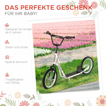 HOMCOM Kinderroller Scooter Tretroller Cityroller Kickscooter Roller Kinder Kickboard mit Luftreifen und Handbremse Scooter Kinder Wasserfest Faltbar ab 5 Jahre 16 Zoll Weiß 139 x 58 x 90-96 cm