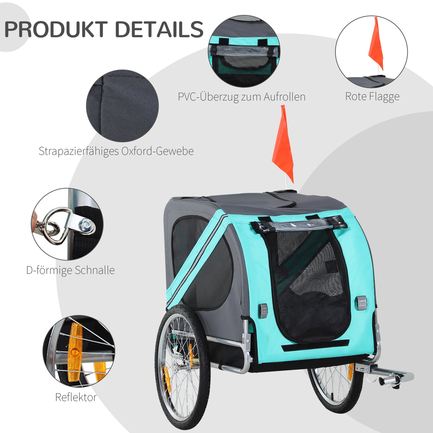 PawHut Haustieranhänger Hundeanhänger Fahrradanhänger bis 20kg klappbar Reflektor Regenschutz Stahl Grau + Grün 130 x 73 x 90cm
