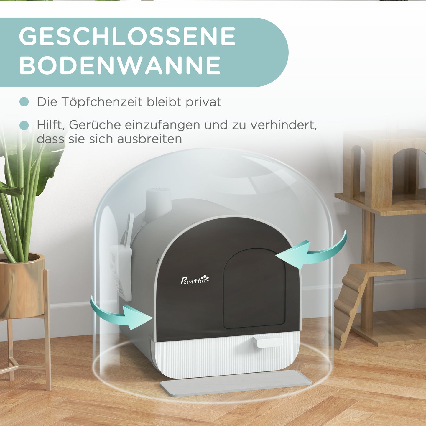 PawHut Katzentoilette mit Deckel, Streuschaufel, Schmutzfangmatte, Kunststoff, Grau/Schwarz