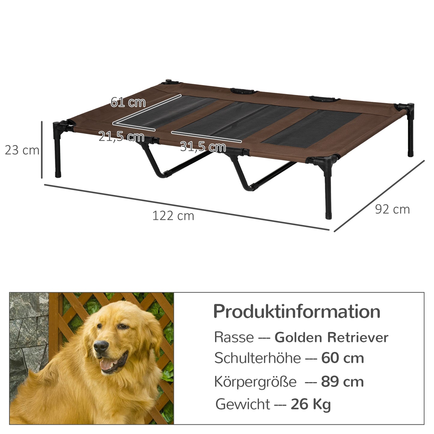 PawHut Hundebett, faltbar, Outdoor-Hundebett, erhöhter Stand, 122 cm x 92 cm x 23 cm, Kaffee-Braun + Schwarz