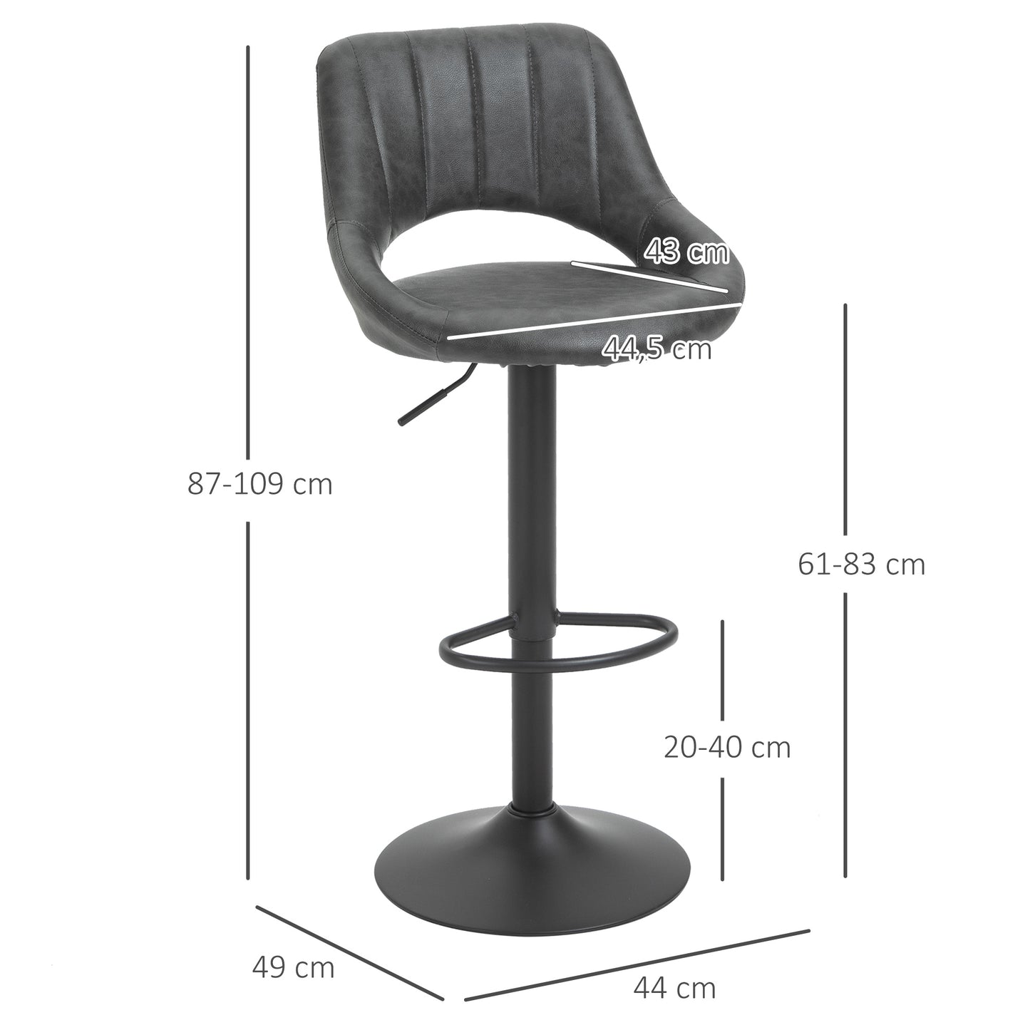 HOMCOM Barhocker 2er-Set, Lederoptik, drehbar, höhenverstellbar, Fußstütze, Metallrahmen, 47 x 52 x 87-109 cm, Grau