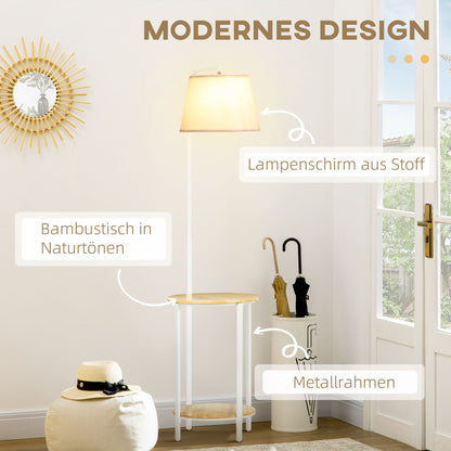 HOMCOM Stehleuchte mit 2 Regalen, Standleuchte, Fußschalter, 40 W. E 27, Natur + Weiß