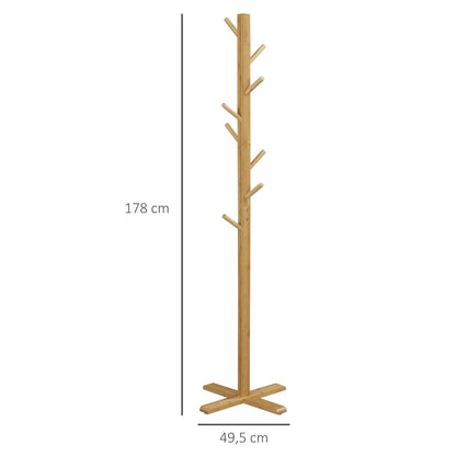 HOMCOM Garderobe Kleiderständer Hutständer, 8 Haken, 49,5 cm x 49,5 cm x 178 cm, Natur