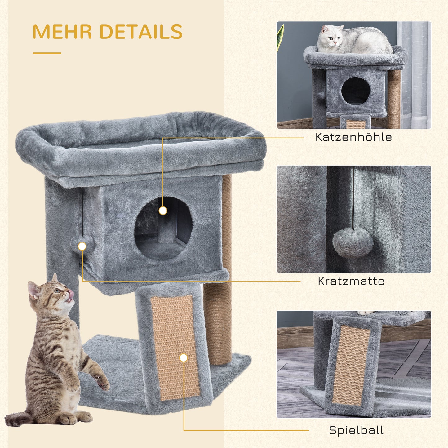 PawHut Kratzbaum 57 سم Kleiner Katzenbaum mit Katzenhöhle، Liegeplattform، Katzenkratzbaum mit Kratzbrett، Spielball، Katzenmöbel für Katzen bis 5 كجم Hellgrau
