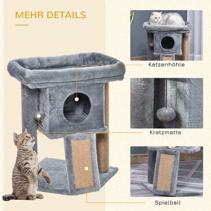 PawHut Kratzbaum 57 سم Kleiner Katzenbaum mit Katzenhöhle، Liegeplattform، Katzenkratzbaum mit Kratzbrett، Spielball، Katzenmöbel für Katzen bis 5 كجم Hellgrau