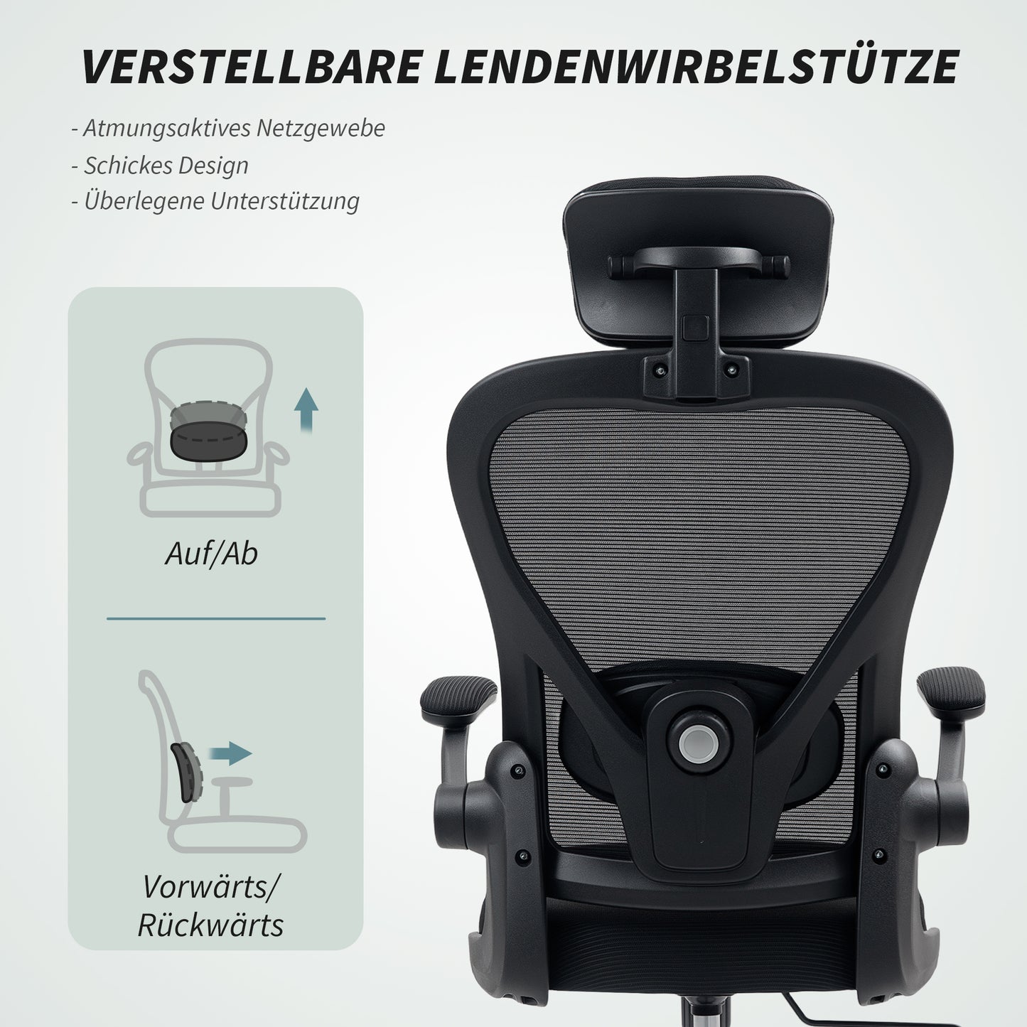 HOMCOM Bürostuhl Ergonomischer Schreibtischstuhl mit Hochklappbaren Armlehnen, Verstellbarer Lendenwirbelstütze Schwarz