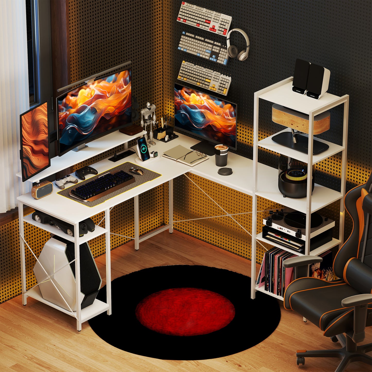 HOMCOM L-förmiger Schreibtisch mit Ladestation, Eck-Computertisch mit Monitorständer und Regalen, für Homeoffice, Büro, Weiß