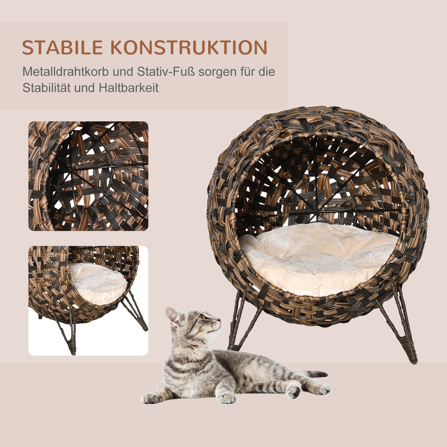 PawHut Katzenhaus aus Rattan mit Kissen Katzenschlafplatz Katzenhöhle mit erhöhten Füßen Braun Ø52 x 58 سم