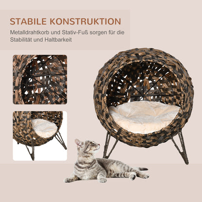 PawHut Katzenhaus aus Rattan mit Kissen Katzenschlafplatz Katzenhöhle mit erhöhten Füßen Braun Ø52 x 58 سم