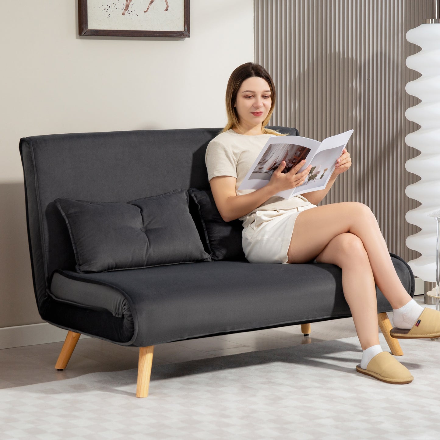 HOMCOM 2-Sitzer-Schlafsofa, Bettsofa, in Bett umwandelbare Couch, verstellbare Rückenlehne, Stoffbezug, Metallrahmen, Grau