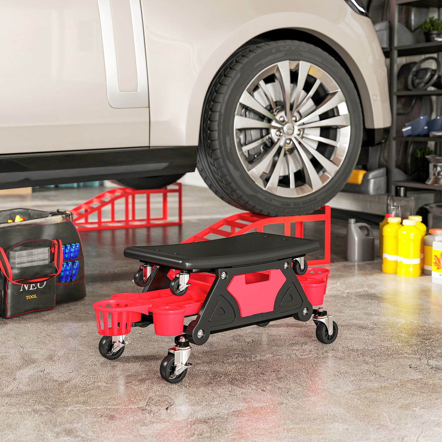 HOMCOM Werkstatthocker mit Rollen abnehmbar Sitz, Ablagefläche, 33cm hoch Rollhocker bis 135 kg belastbar Rot