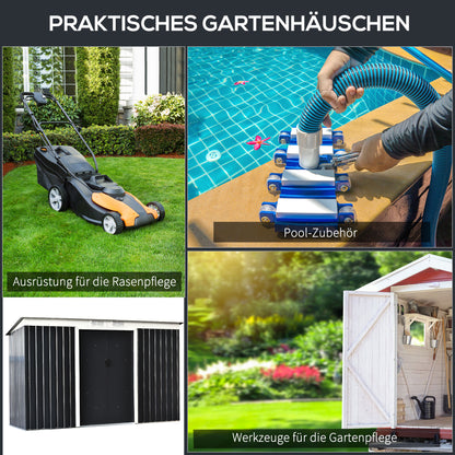 Outsunny Gerätehaus, Gartenhaus, Geräteschuppen mit Schiebetür, Lüftungsfenster, Pultdach, Outdoor, Stahl, Dunkelgrau, 280 x 130 x 172 cm