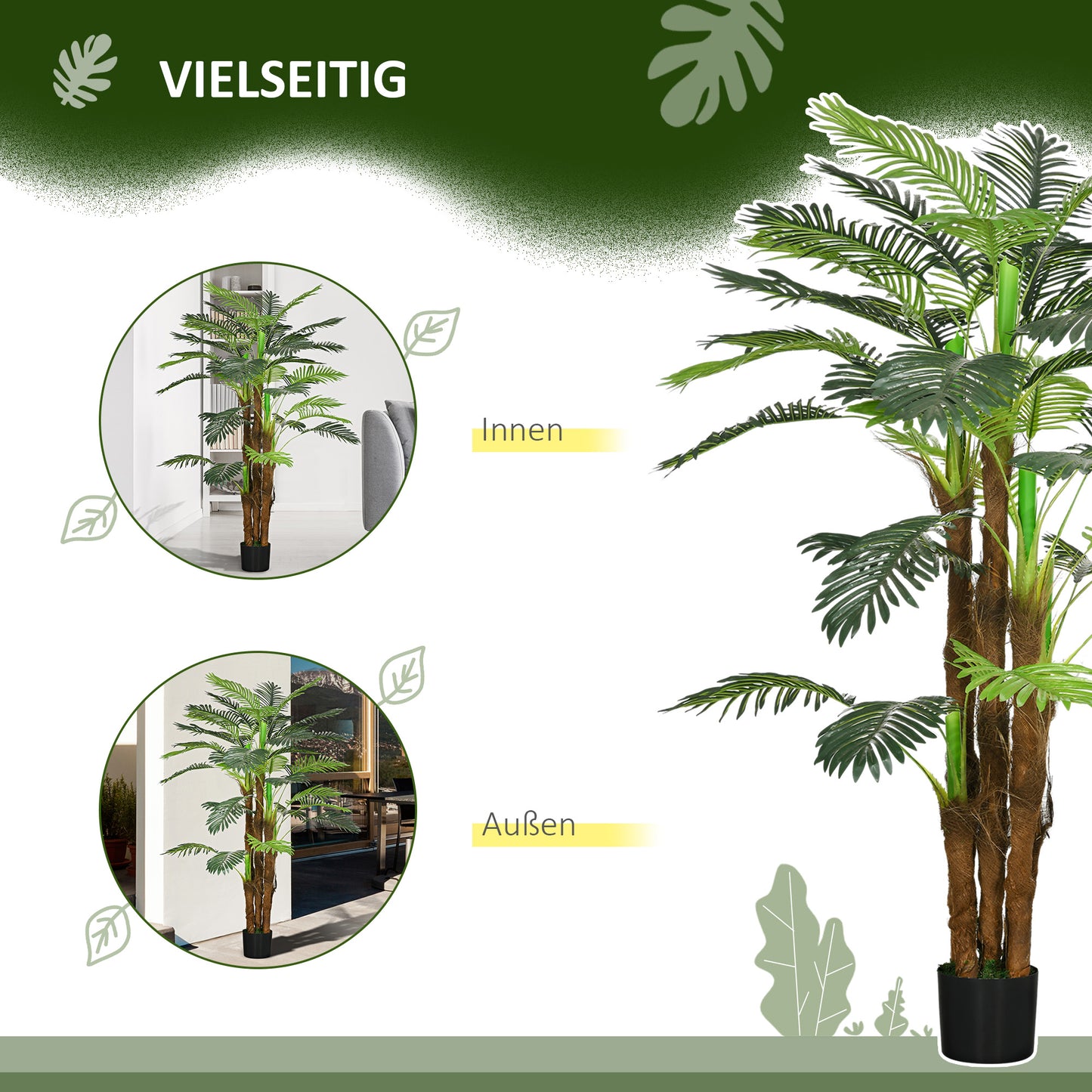 HOMCOM Künstliche Palme, 1,6 m, realistische Zweige, Dekorationspflanze, Kunststoff, mit Topf, Braun+Grün