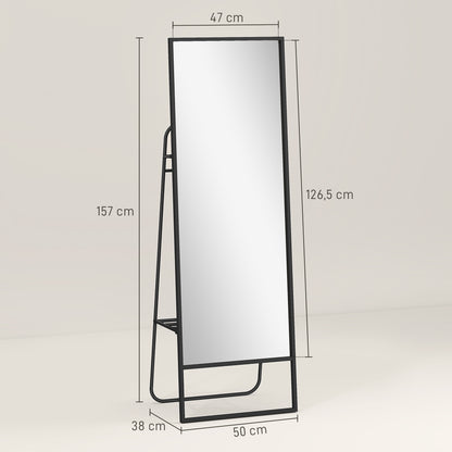 HOMCOM Ganzkörperspiegel, industrielles Design, hinteres Regal, 2 Haken, Metallrahmen, für Schlafzimmer, 157 x 50 cm, Schwarz