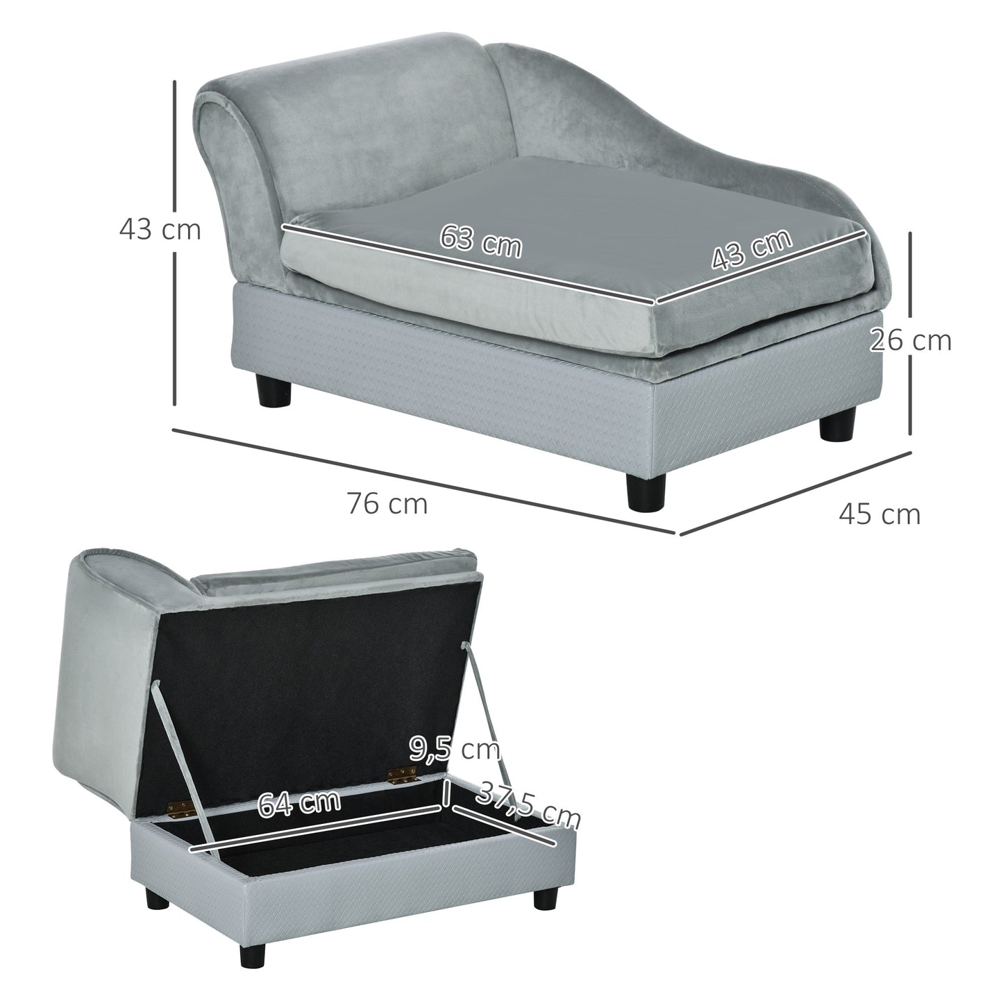 PawHut Haustiersofa mit Stauraum, weichem Kissen, bis 15 kg Tragkraft, Plüschbezug, Hartholzrahmen, Hellgrau