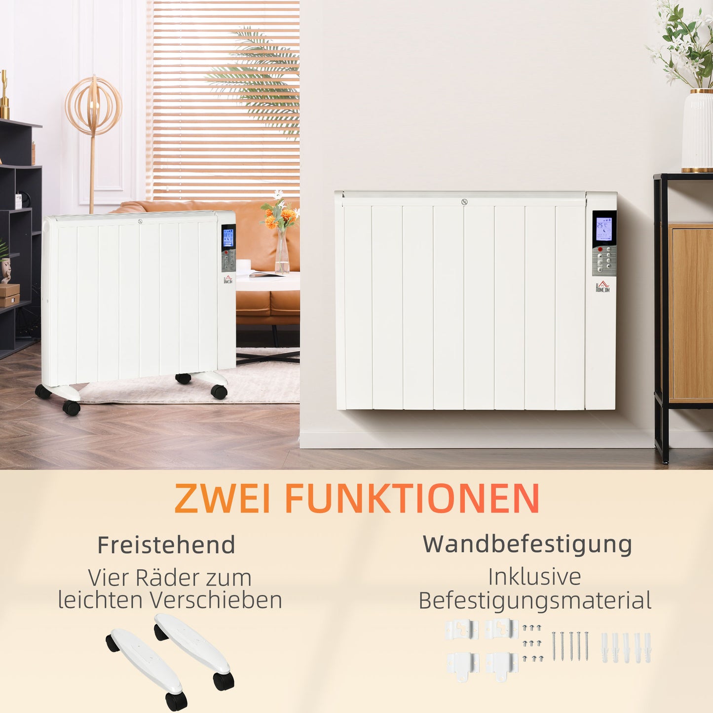 HOMCOM Elektroheizung mit Rollen, 9 vorinstallierte Modi, Wandmontage möglich, 5-35° C, weiß, 75 x 7,5 x 58,5 cm