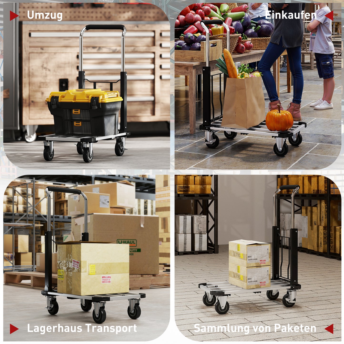 HOMCOM Faltbarer Handwagen, 150 kg Belastbarkeit, erweiterbare Fläche, höhenverstellbarer Griff, für Kisten, Metall, Schwarz