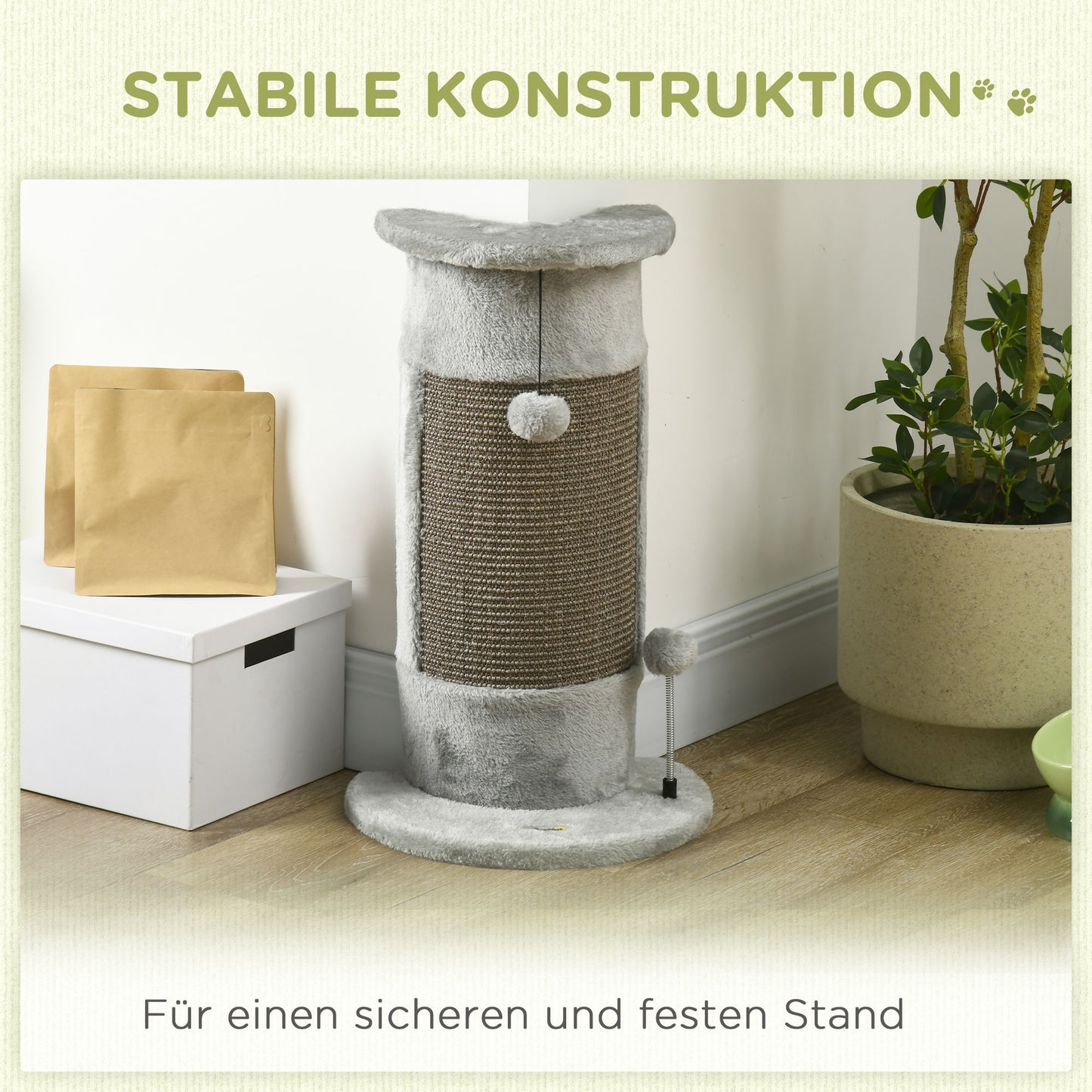PawHut Kratzbaum mit Spielzeug، إنكل. 2 بال. ويشر بلوش، 34 سم × 25,5 سم × 58 سم، غراو