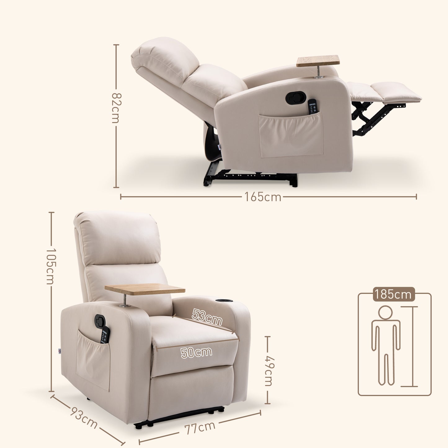 HOMCOM Massagesessel Relaxsessel Liegesessel, 1 Klapptisch, 1 Fußstütze; 77 cm x 93 cm x 105 cm, Beige