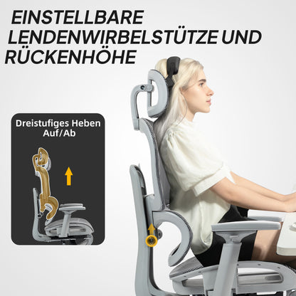 HOMCOM Bürostuhl، Ergonomischer Schreibtischstuhl mit Netzstoffbezug، verstellbar، rollbar، mit Armlehnen، Kopfstütze، Grau
