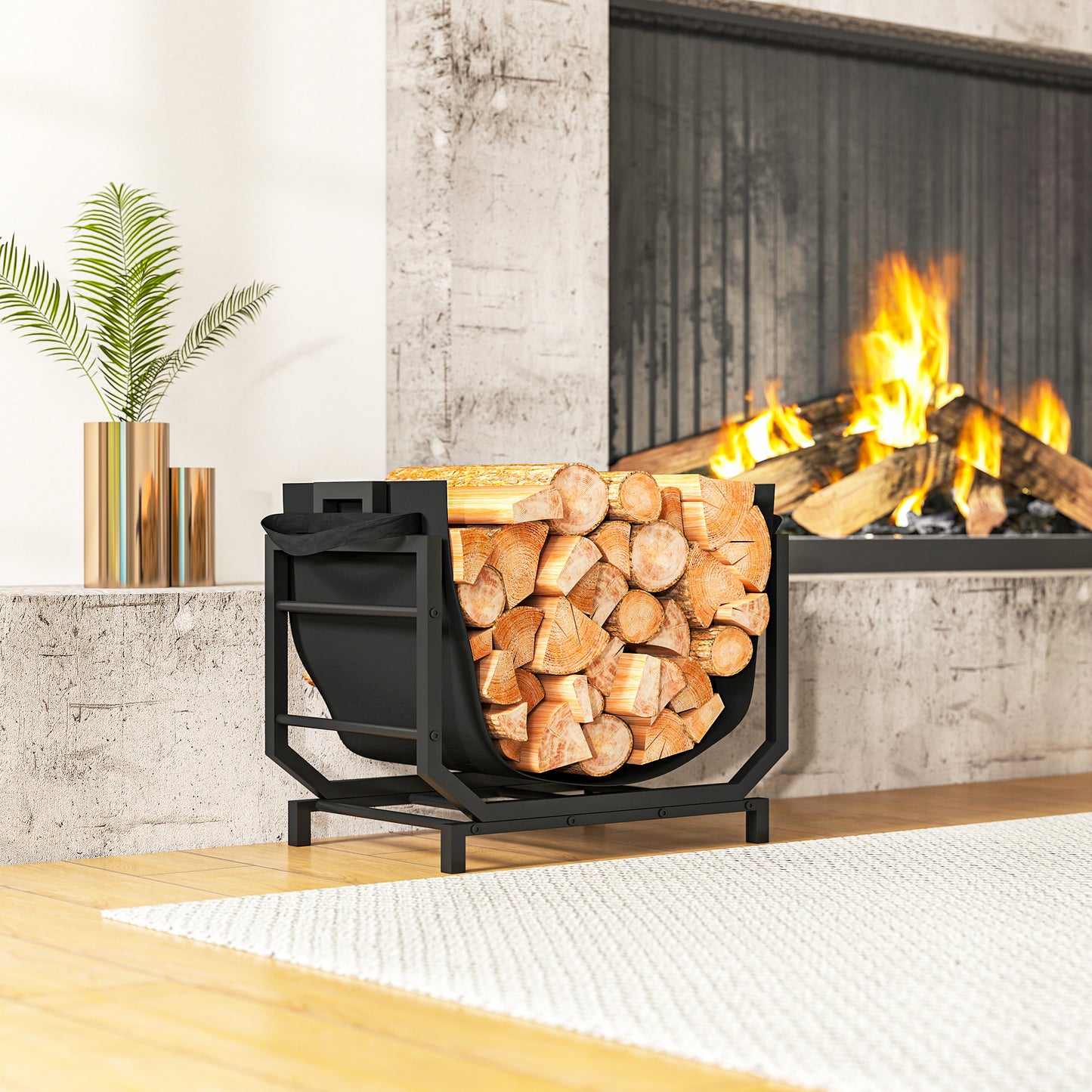 Outsunny Kaminholzregal für innen 53 x 33 x 43 cm Brennholzregal mit Tragetasche Metall Schwarz