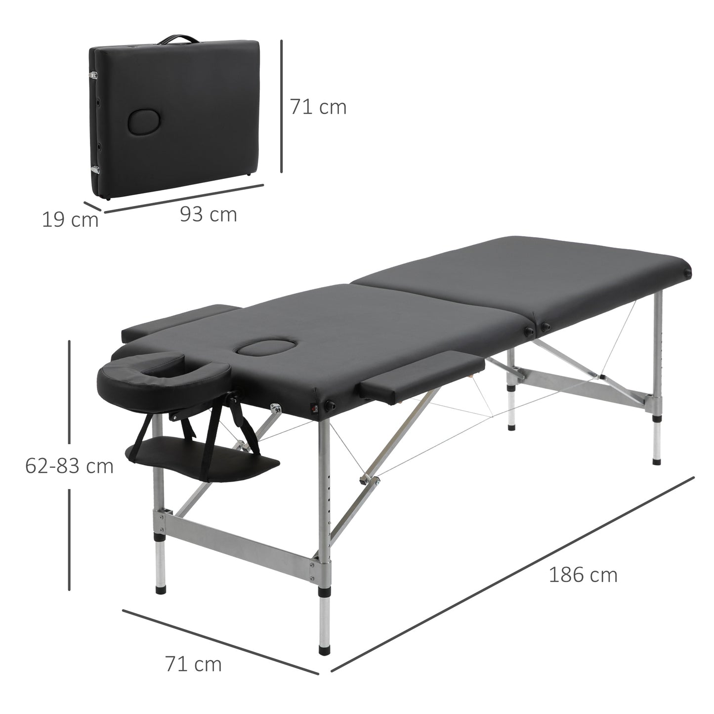 HOMCOM Massageliege klappbar, inkl. Gesichtsöffnung, Armlehnen, Handablagen, Massageliege mobil, 186 cm x 71 cm x 83 cm