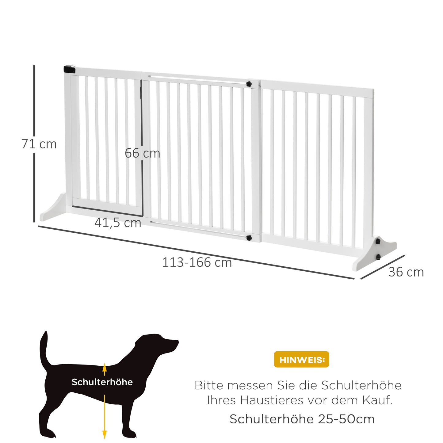 PawHut Absperrgitter Hunde Türschutzgitter Schutzgitter aus Holz Freistehendes Hundegitter mit Tür Hundeabsperrgitter Konfigurationsgitter für Kamin & Ofen Weiß 113-166 x 36 x 71 cm