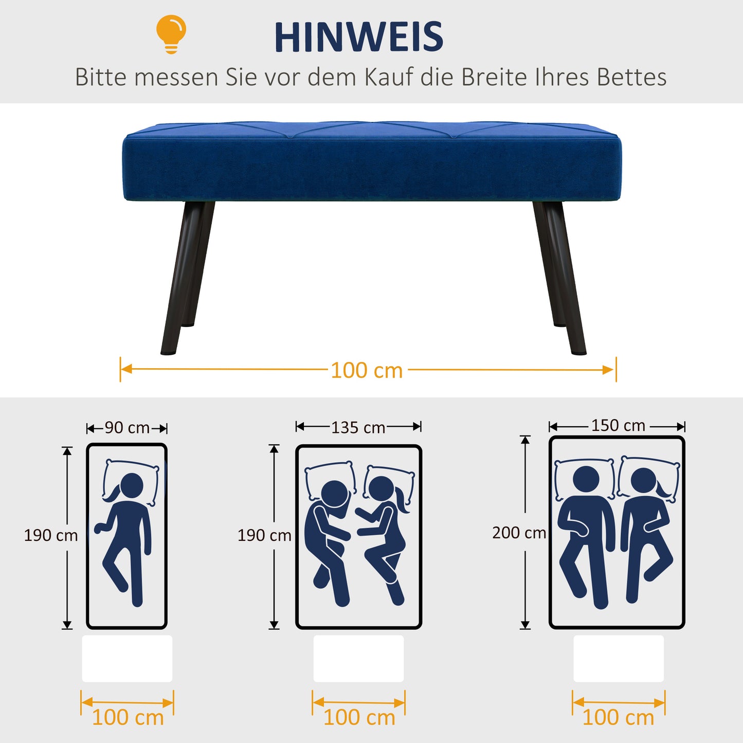 HOMCOM Sitzbank Polsterbank Bettbank, Samtoptik, 100 x 36 x 45 cm, Blau