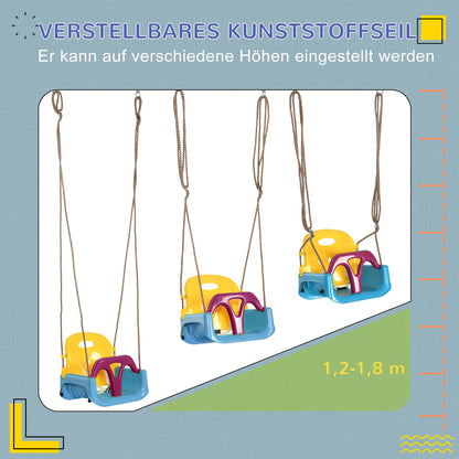 Outsunny 3-in-1 Kinderschaukel, höhenverstellbar, abnehmbare Rücklehne, für In- und Outdoor, blau+gelb, 42 x 33 x 180 cm