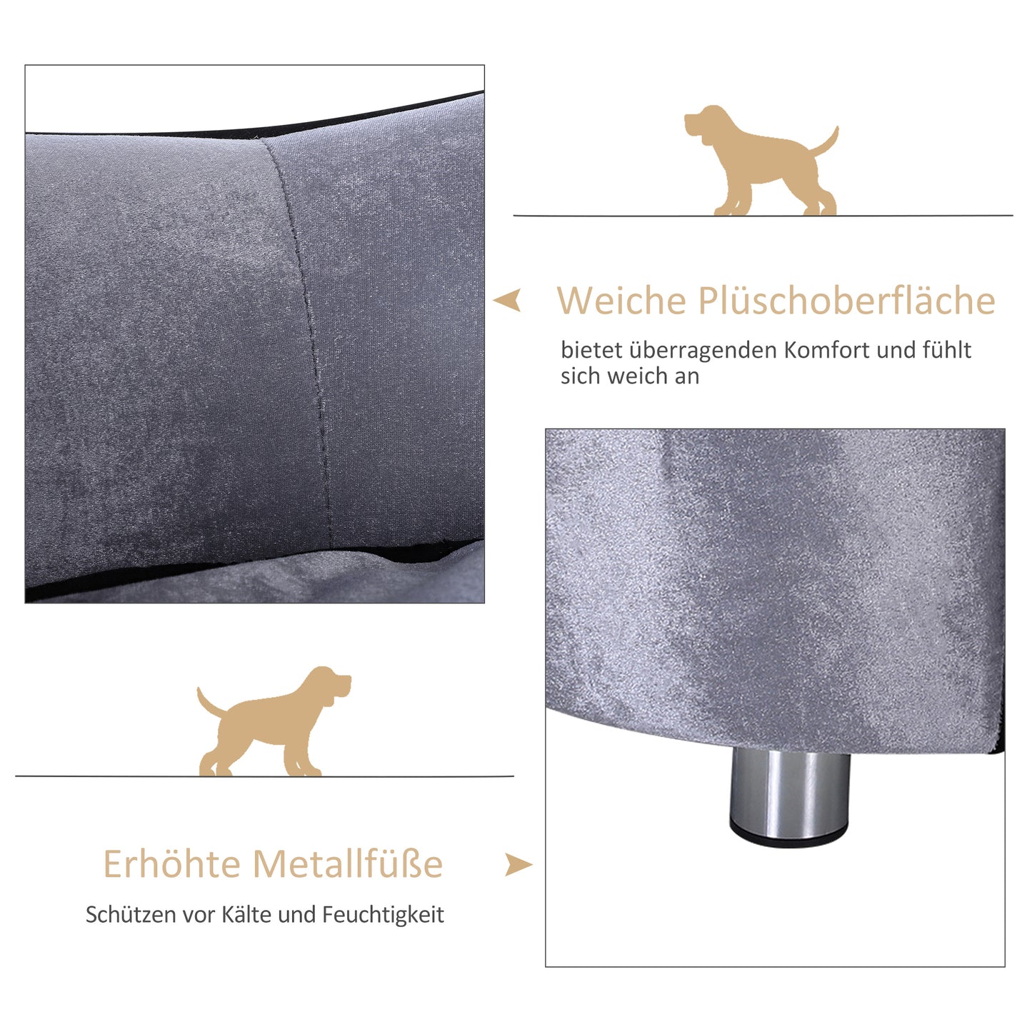 PawHut Hundesofa, Hundebett, waschbares Sitzkissen, Plüschbezug, Naturholzrahmen, hellgrau, 69 x 49 x 38cm