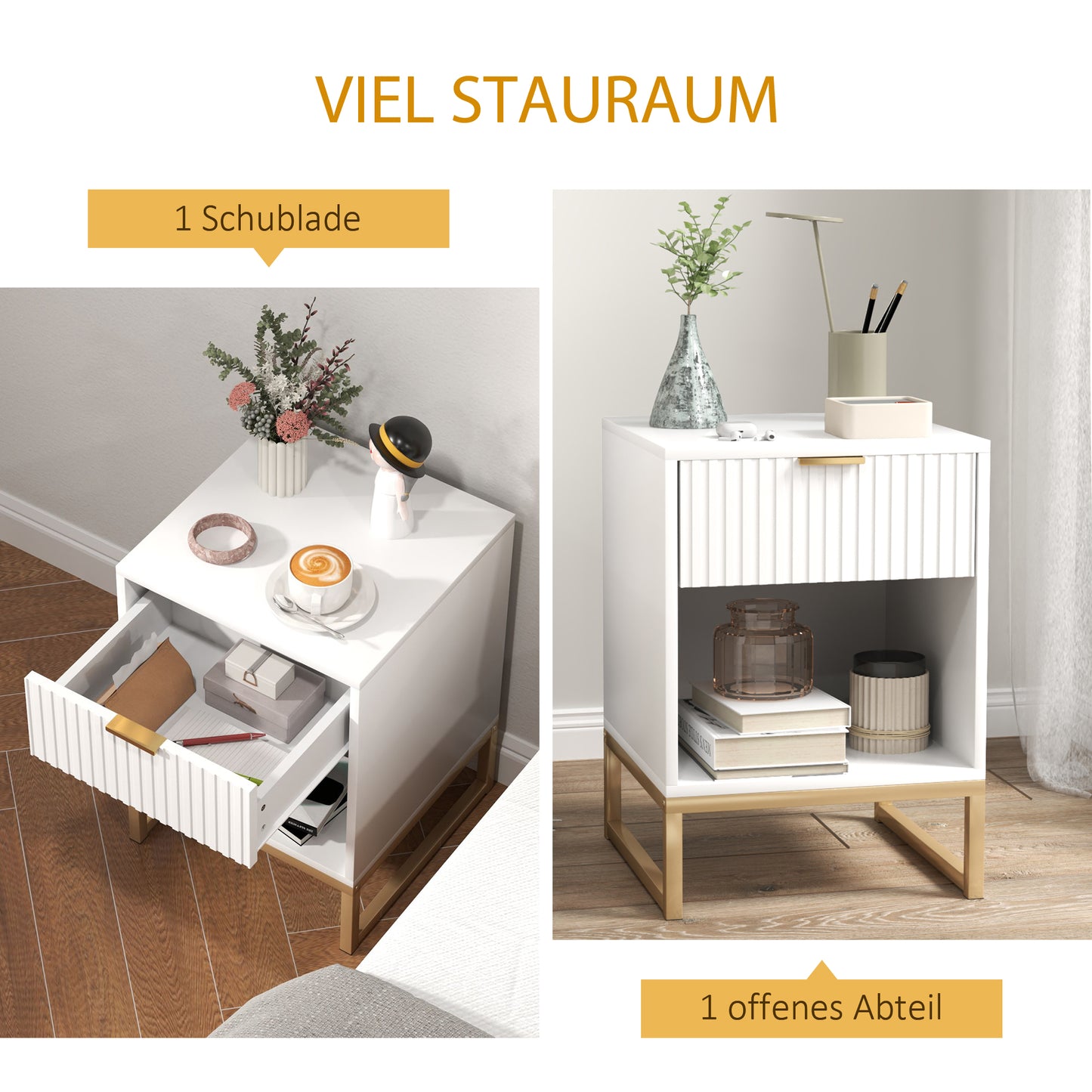 HOMCOM Nachttisch mit Schublade und Regal, Stauraum und Metallbeinen, für Schlafzimmer, Wohnzimmer, Weiß