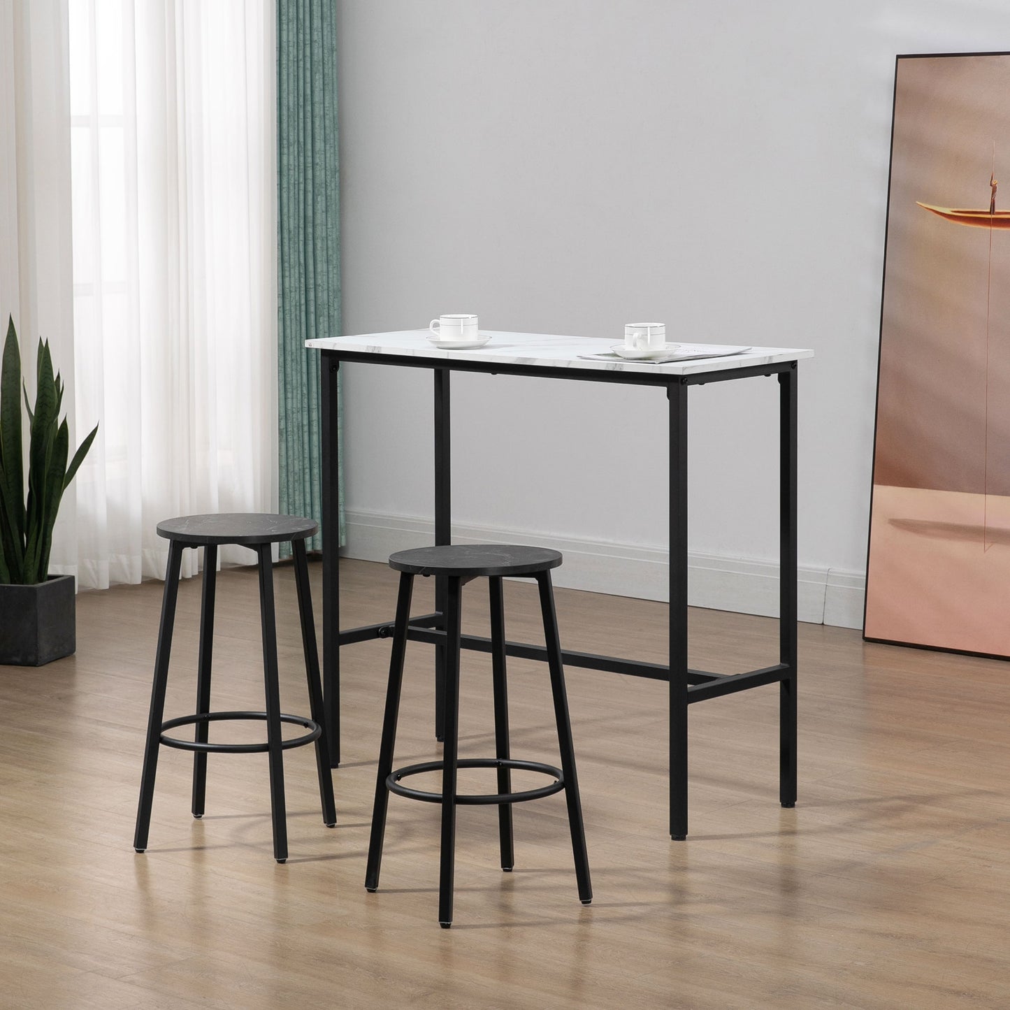 HOMCOM Bar-Set für 2 Personen, 1 Tisch mit 2 Barhockern, Tischplatte in weißer Marmoroptik, Stahlrahmen