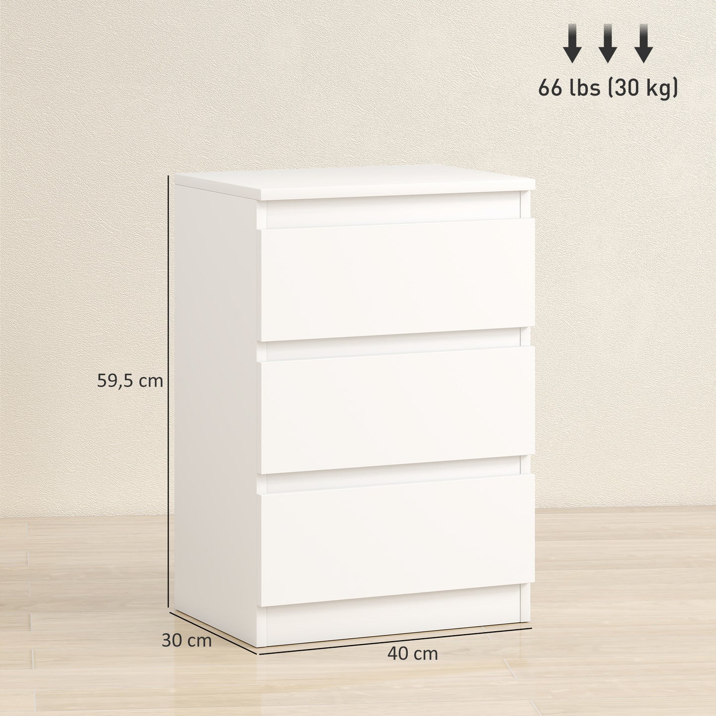 HOMCOM Nachttisch, 2er Set Beistelltisch mit 3 Schubladen, Nachtschrank, Nachtkommode für Schlafzimmer, Wohnzimmer, 40 x 30 x 59,5 cm, Weiß