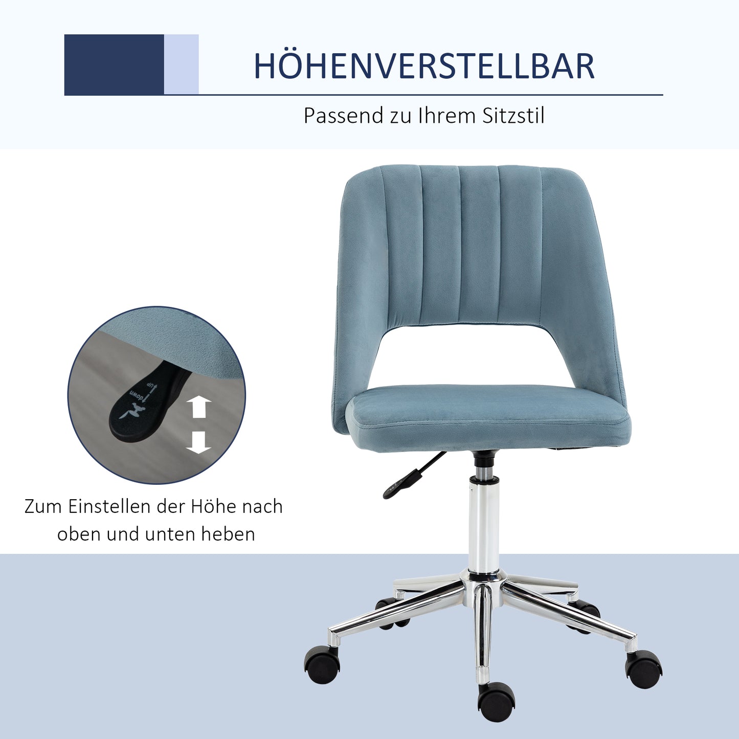 Vinsetto Schreibtischstuhl, Höhenverstellbar Homeoffice Stuhl ohne Armlehne, drehbar Bürostuhl mit Samtoptik, Ergonomisch Schminkstuhl für Schlafzimmer, Arbeitszimmer, Blau