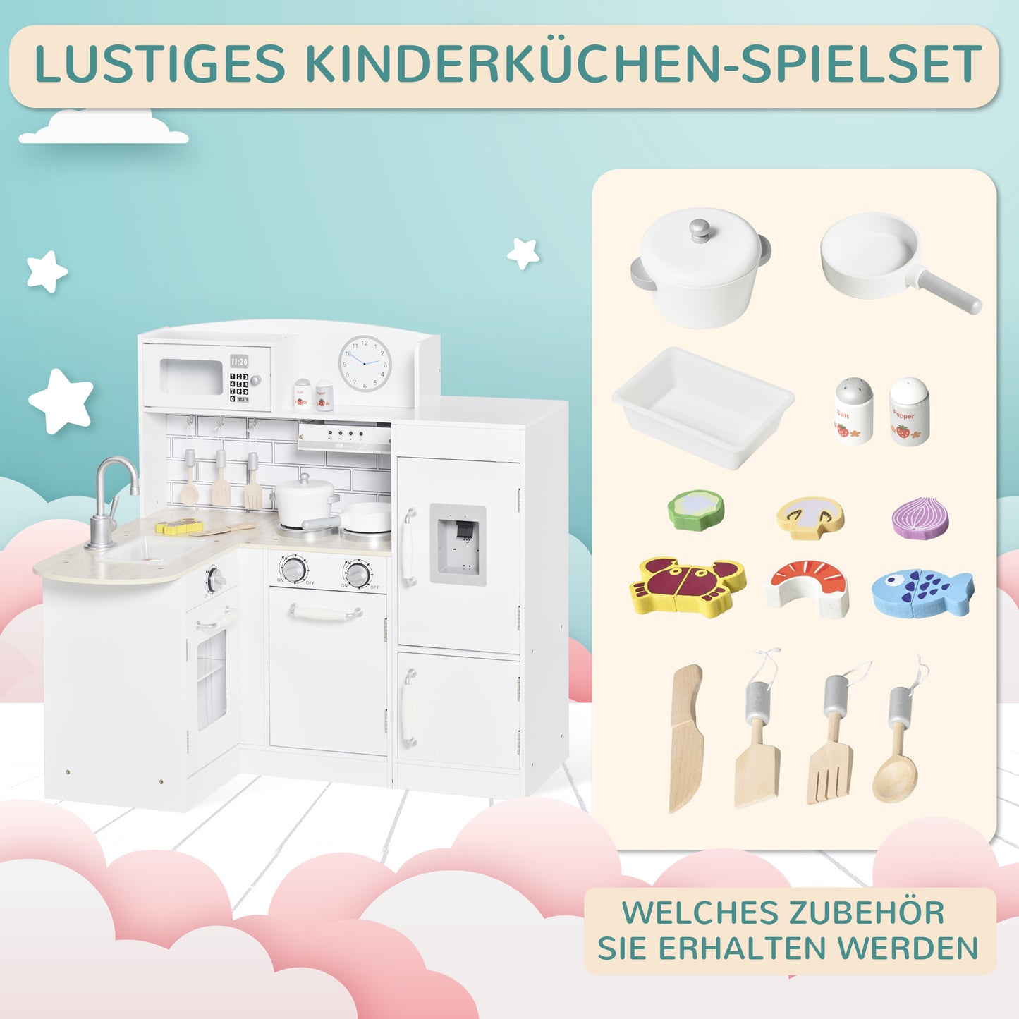 HOMCOM Spielküche, 14-tlg. Zubehör, elektr. Wasserspender, 86 x 64 x 84,5 cm, Weiß